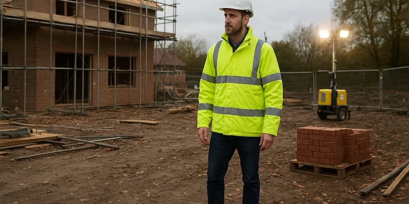 Autumn construction site with half built house and male worker wearing hi-vis.